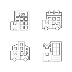 International delivery business company linear icons set. Parcels shipment cost calculation. Shipping goods services. Customizable thin line contour symbols. Isolated vector outline illustrations