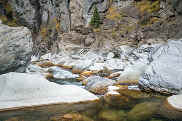 turquoise water of Hinterrhein in Viamala Canyon in Graubünden