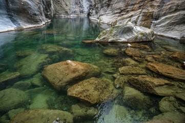 Naklejka na ściany i meble turquoise water of Hinterrhein in Viamala Canyon in Graubünden