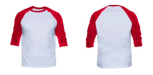 Blank sleeve Raglan t-shirt mock up templates color white/red front and back view on white background
