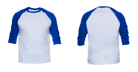 Blank sleeve Raglan t-shirt mock up templates color white/blue front and back view on white...