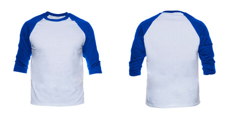 Blank sleeve Raglan t-shirt mock up templates color white/blue front and back view on white background
