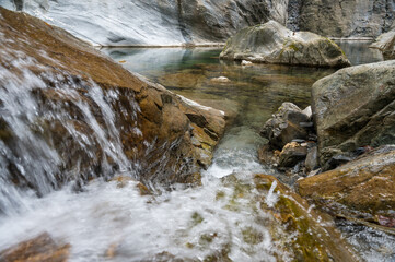 turquoise water of Hinterrhein in Viamala Canyon in Graubünden