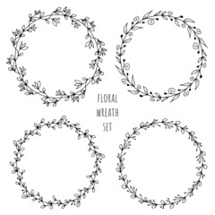 Set of Hand sketched vector wreaths with floral elements, flowers and leaves. For invitations, greeting cards, quotes, blogs, Wedding frames, posters. Isolated on white