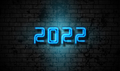 Fototapeta premium Neon New Year 2022 on grunge brick wall abstract background. Vector greeting card design