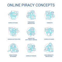 Online piracy blue concept icons set. Copyrighted content idea thin line color illustrations. Copies of music. Anti-piracy service. Torrents usage. Vector isolated outline drawings. Editable stroke
