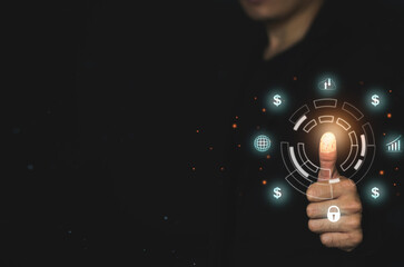Man using thumb to scan finger print for digital biometric processing to gain access to security, Cyber security concept.