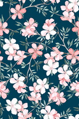 Floral seamless pattern with large delicate flowers and leaves. Sakura branch on a dark blue background. For textiles and wallpaper.