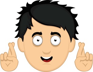 Vector illustration of the face of a young cartoon man, crossing the fingers of his hands


