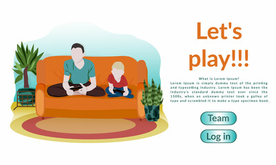 Fototapeta premium WebMockup of the landing page. Dad and kid are spending time together, playing video games. Friends playing an online battle game. Brothers holding joysticks clipart. Leisure time, pastime.