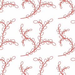 Seamless pattern red doodle branches with leaves on a white background. For packaging, textiles, design, wallpaper