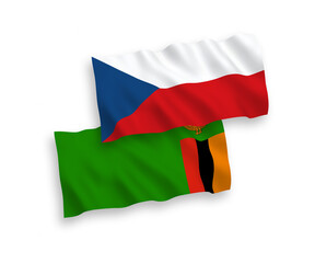 National vector fabric wave flags of Czech Republic and Republic of Zambia isolated on white background. 1 to 2 proportion.