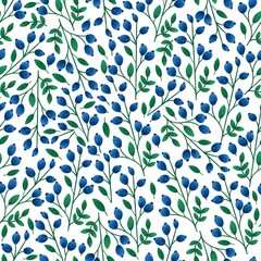 Seamless pattern green branch with leaves of blue berries on a white background. For packaging, textiles, design