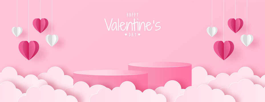Paper cut of Valentine's Day background with pink cylinder podium, origami white and pink heart and clouds for products display presentation, poster, greeting card, headers website