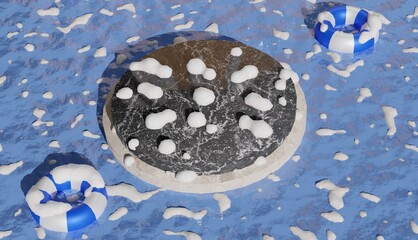 3d background with marble podium covered with snow seen from above, winter theme