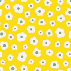 Ditsy daisy flowers seamless repeat pattern. Random placed, vector botany millefleurs all over surface print on yellow background.