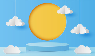 Paper cut of minimal scene with blue color cylinder podium for products display presentation, sun and cloud on blue sky background, Summer season. Vector illustration