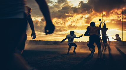 American Football Field Two Teams Compete: Players Pass and Run Attacking to Score Touchdown...
