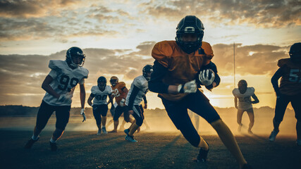 American Football Field Two Teams Compete: Players Pass and Run Attacking to Score Touchdown...