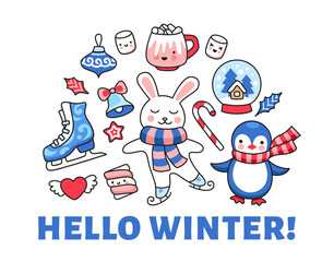 Obraz na płótnie Canvas Ice skating rabbit, penguin, marshmallows. Set of holiday isolated elements and characters for greeting card, print, poster and banner. Vector cartoon illustration.