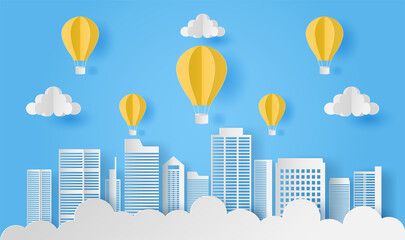 Skyscraper with yellow hot air balloons and cloud, Modern city skyline building for poster, postcard, background, Paper art style. Vector illustration