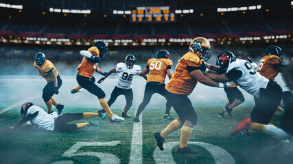 American Football Field. Two teams with Professional Players, Fight for Ball and Score, Aggressive...