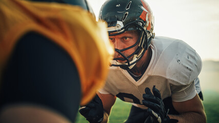 American Football Game Start Teams Ready: Close-up Portrait of Two Professional Players, Aggressive...