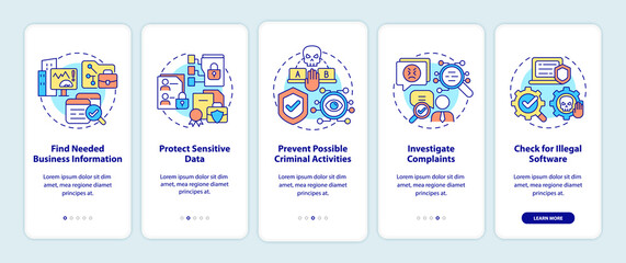 Surveillance legal uses onboarding mobile app page screen. Work control walkthrough 5 steps graphic instructions with concepts. UI, UX, GUI vector template with linear color illustrations