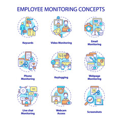 Employee monitoring concept icons set. Workplace surveillance. Corporate tracking software. Work control idea thin line color illustrations. Vector isolated outline drawings. Editable stroke