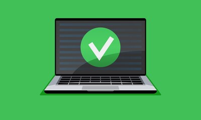 Online approve check mark updated or download complete, accept, laptop computer screen, vector flat illustration. design element