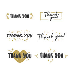 Thank You lettering compositions written with decorative calligraphic font. Bundle of gratitude phrase decorated with cute elements. Hand drawn thanks vector quotes.