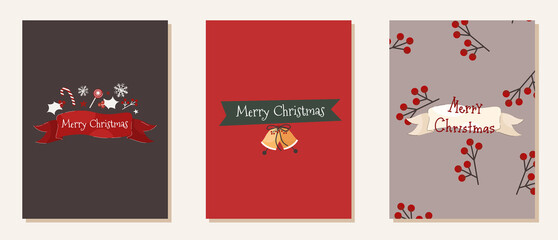Christmas card collection in modern style with cute lettering and new year elements. Vector stock illustration