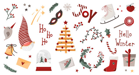 Christmas elements and stickers set with santa, christmas tree, wreath, skates and bell in flat modern style. Vector stock illustration