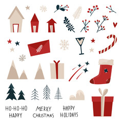 Christmas and New Year collection of cute elements in scandinavian style. Vector stock illustration