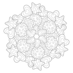 Sweet food mandala. Cookies with chocolate, glaze, gingerbreads in the shape of a heart and star. Isolated. For coloring book. Suitable for Christmas or children illustrations.