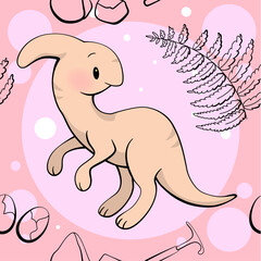 Seamless pattern with cute dinosaur. Parasaurolophus in kawaii style. Vector