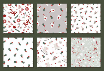Christmas pattern collection with holly, snowflakes, birds, twigs and Christmas trees in organic hand drawn style. Vector stock illustration