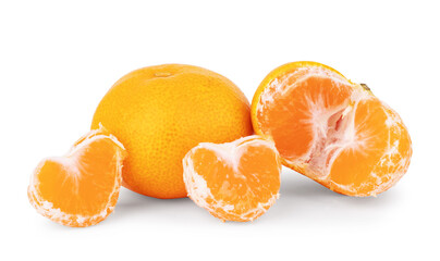 Tangerines or clementines with green leaf on white background