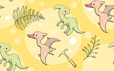 Seamless pattern with cute dinosaur. Parasaurolophus and pterodactyl in kawaii style. Vector © mariaaverburg