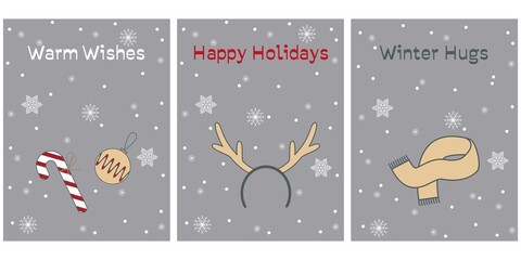 Collection of postcards with a Christmas ball, candy cone, reindeer headband, winter scarf and cozy slogan in flat design. Vector illustration