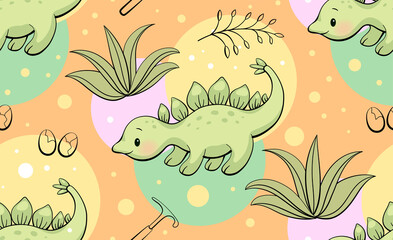 Obraz premium Seamless pattern with cute dinosaur. Stegosaurus in kawaii style. Vector