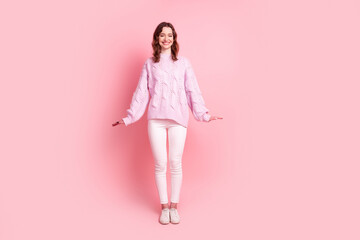 Full length photo of young charming lady standing wear casual clothes isolated over pink color background