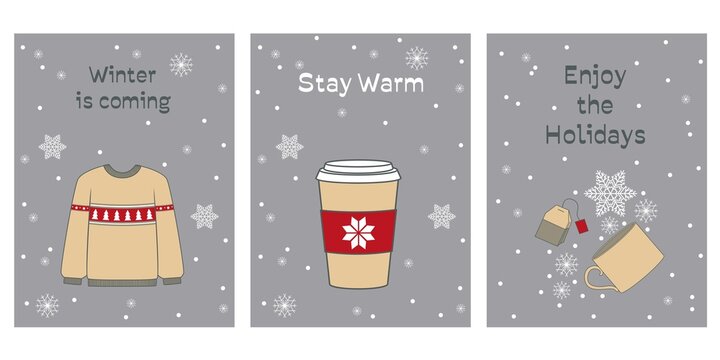 Collection of postcards with winter sweater, coffee glass, cup of tea and cozy slogan in flat design. Vector illustration