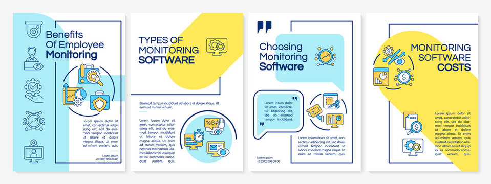 Benefits of employee monitoring colourful brochure template. Flyer, booklet, leaflet print, cover design with linear icons. Vector layouts for presentation, annual reports, advertisement pages