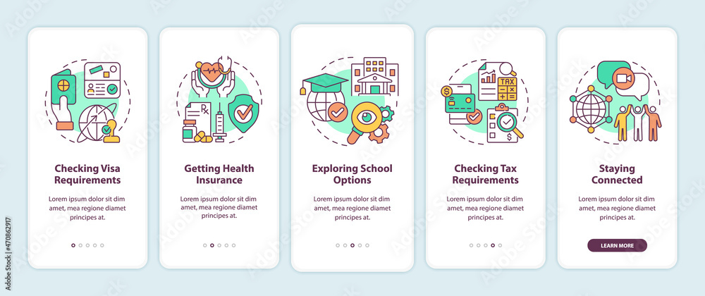 Wall mural things to consider when moving onboarding mobile app page screen. moving abroad walkthrough 5 steps 