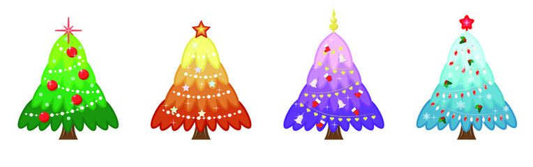4 festive colorful Christmas New Year trees in green, orange, purple and blue colors decorated with garlands, stars, balls, socks and snowflakes.