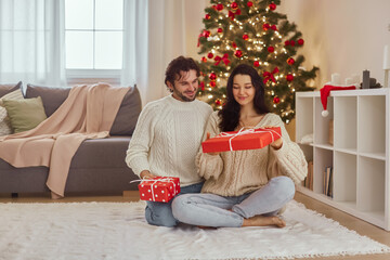 Christmas surprise. A couple in love is in festive Christmas decorated living room congratulating each other. The girl and the man smile and exchange Christmas gifts.