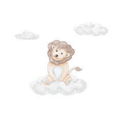 Watercolor illustration cute lion with cloud on the sky for nursery and baby shower