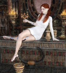 Fantasy sexy girl with a gothic make up and sitting upon an old altar