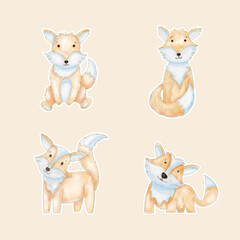 Watercolor illustration cute fox sticker for nursery and baby shower